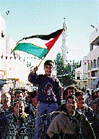 Photo: Boy waving flag as crowd waits for soldiers to leave.