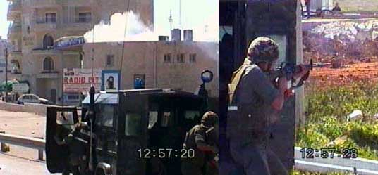 Photo: From behind the Israeli jeep. Teargas pours off the roof of the petrol station. Another soldier opens fire.